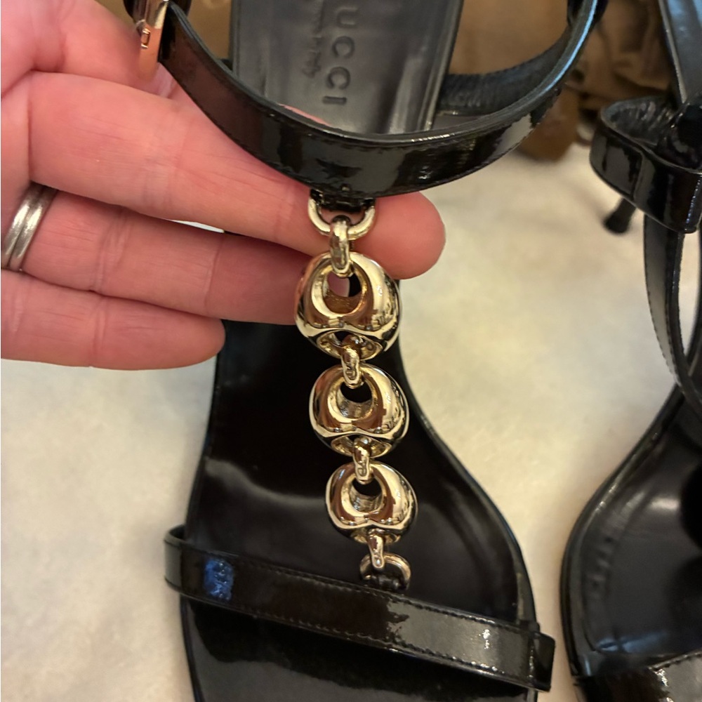 Elegant Gucci Black High Heel Gold Chain Detail and Ankle Strap. EUC. 7.5 - Picture 5 of 16
